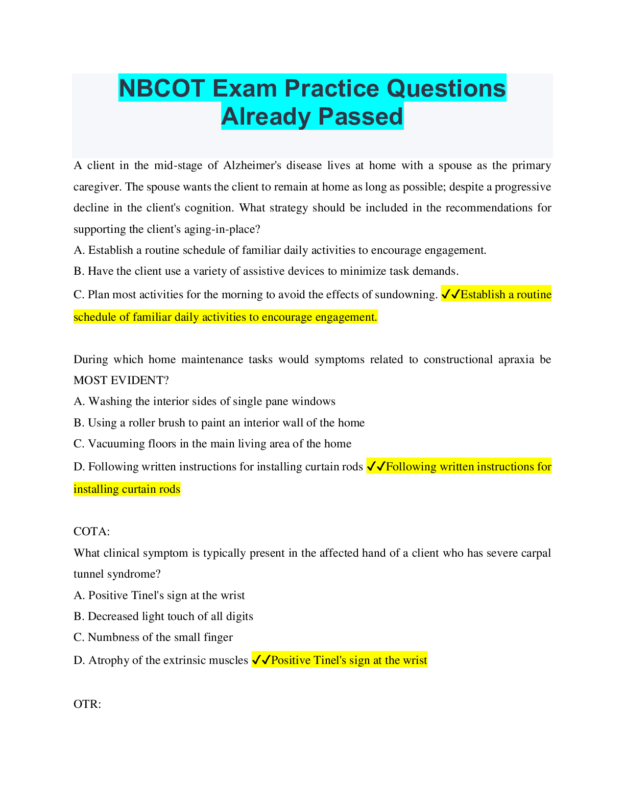 NBCOT Exam Practice Questions Already Passed Browsegrades